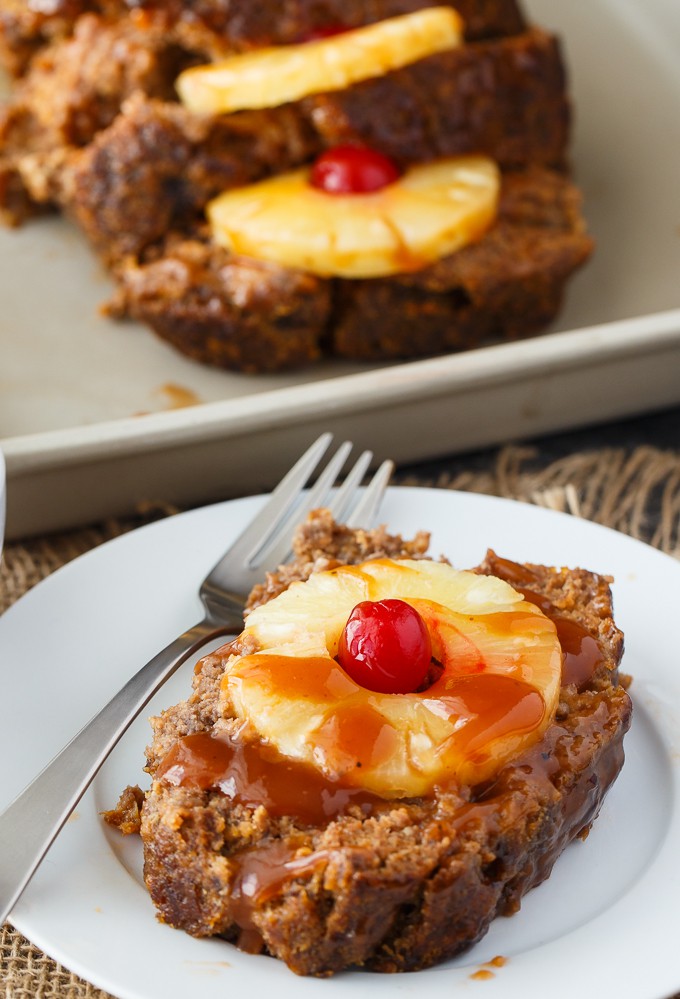 Caribbean Meatloaf - Comfort food recipe with a twist! Top this traditional ground beef and pork dish with pineapples and sweet cherries.