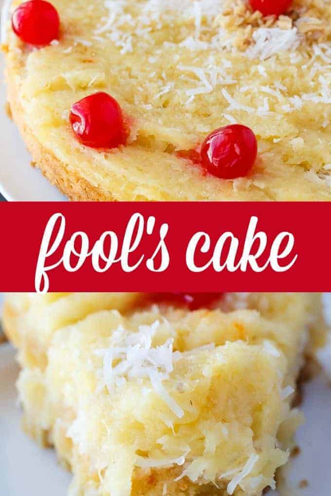 Fool's Cake - A simple, fool-proof cake everyone loves! This yummy dessert has layers of walnuts, yellow cake, coconut and pineapple. Perfect for potlucks!