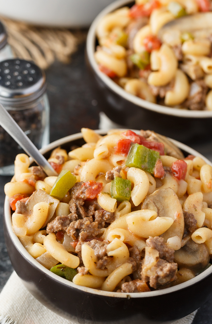Mom's Macaroni -  A comforting stove top casserole made with tender macaroni noodles, ground beef, tomatoes, mushrooms and cheese. It's like a hug from mom, but in a bowl!