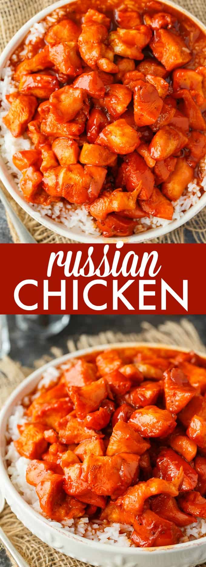 Russian Chicken - Sweet and tangy! This easy dinner recipe has a flavorful sauce made with Russian dressing, onion soup mix and apricot jam. Serve on a bed of rice for a delicious family meal.