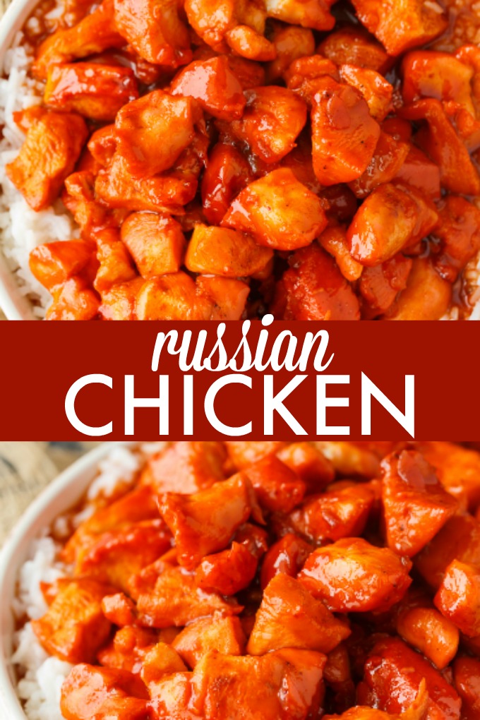 Russian Chicken - Sweet and tangy! This easy dinner recipe has a flavorful sauce made with Russian dressing, onion soup mix and apricot jam. Serve on a bed of rice for a delicious family meal.