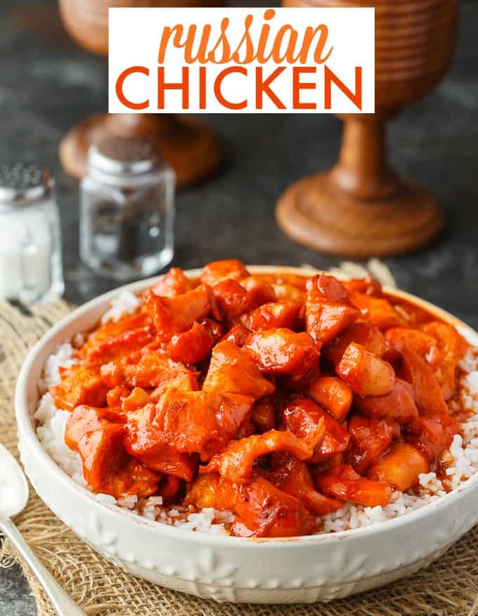 Russian Chicken - Sweet and tangy! This easy dinner recipe has a flavorful sauce made with Russian dressing, onion soup mix and apricot jam. Serve on a bed of rice for a delicious family meal.