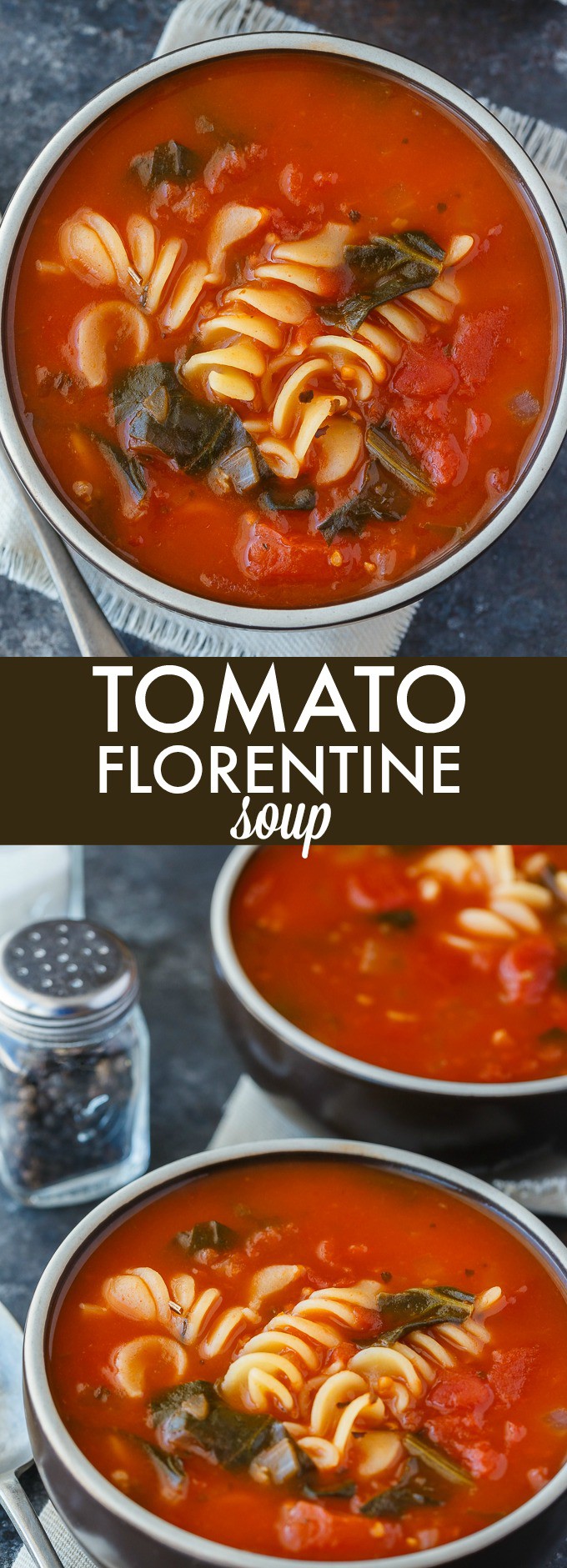 Tomato Florentine Soup - An easy soup recipe ready to eat in 20 minutes! It's full of delicious tomatoes, pasta and spinach.