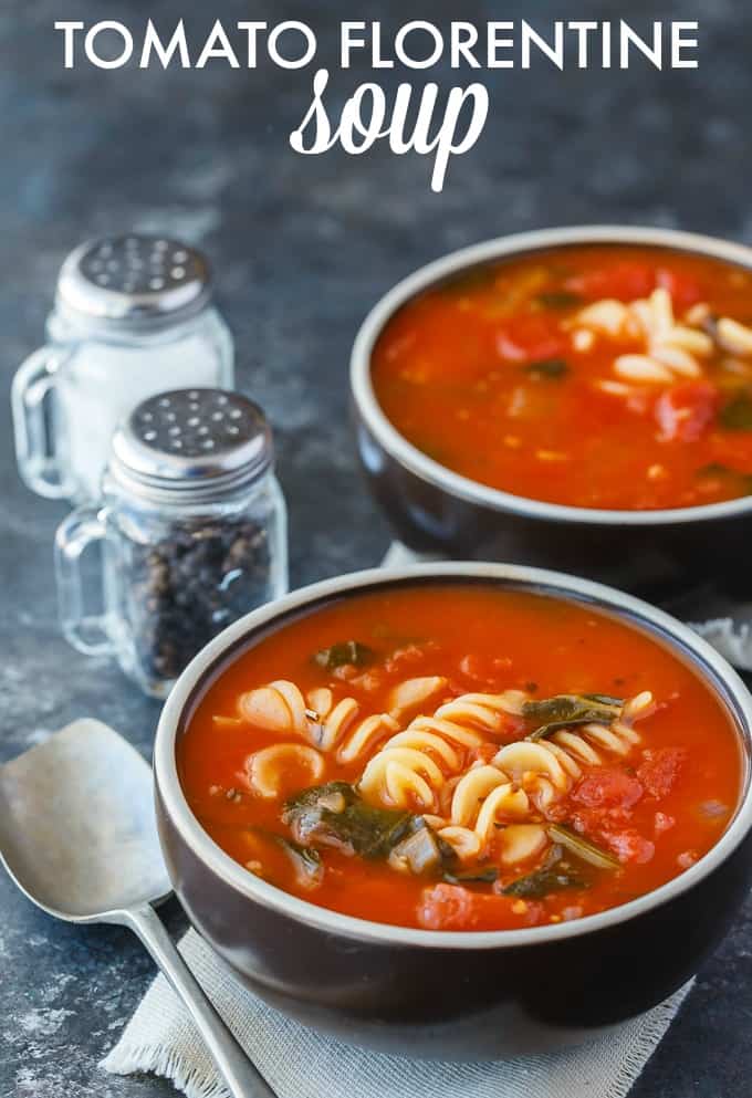 Tomato Florentine Soup - An easy soup recipe ready to eat in 20 minutes! It's full of delicious tomatoes, pasta and spinach.