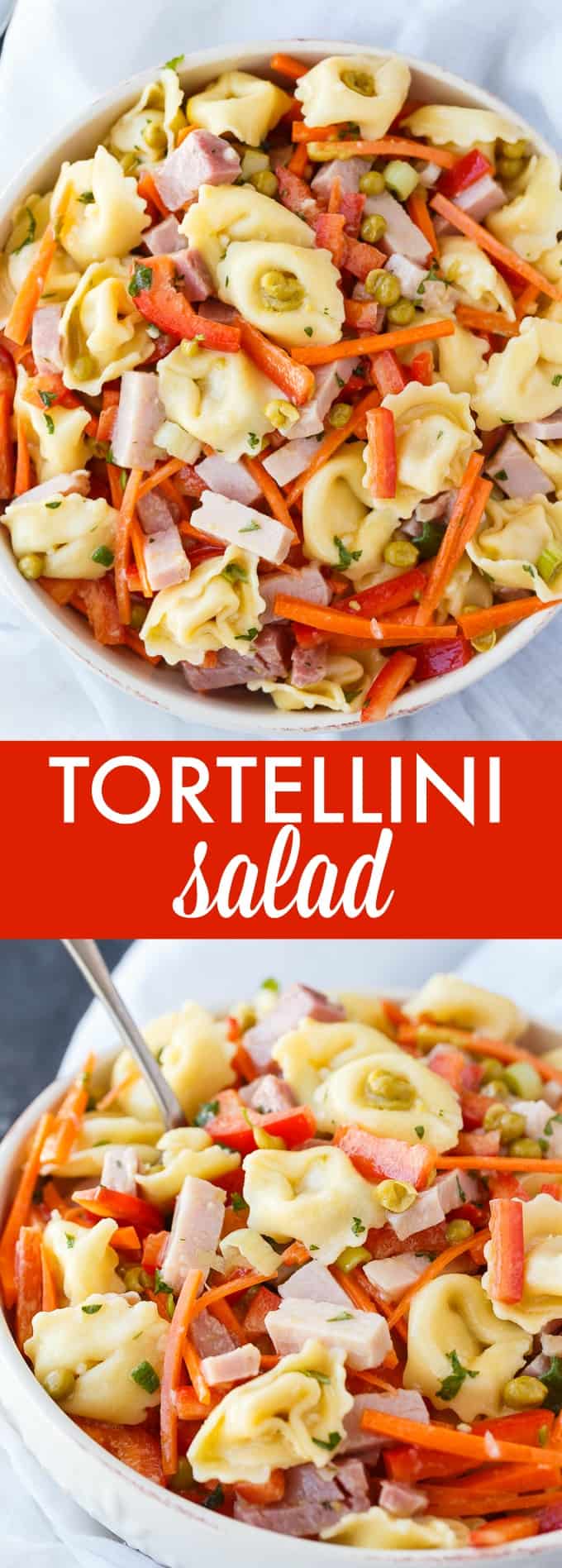 Tortellini Salad - This colorful pasta salad is packed full of flavor with tender pieces of ham, cheese tortellini and fresh, crisp veggies. Serve it at spring and summer parties!