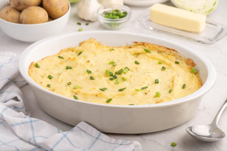 The recipe in a white serving dish.