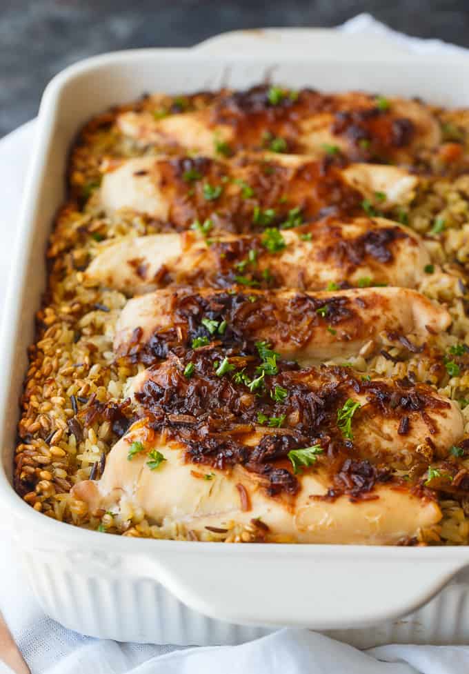 No Peek Chicken - Slow-roasted chicken is the way to go! This one-pan chicken and rice dinner is easy to throw together with no work whatsoever.