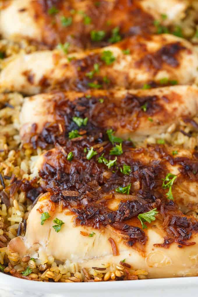 No Peek Chicken - Slow-roasted chicken is the way to go! This one-pan chicken and rice dinner is easy to throw together with no work whatsoever.