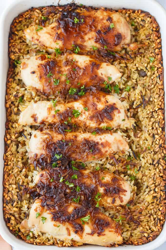No Peek Chicken - Slow-roasted chicken is the way to go! This one-pan chicken and rice dinner is easy to throw together with no work whatsoever.