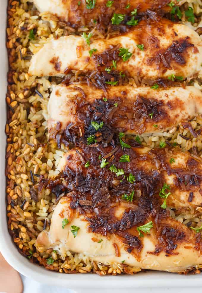 No Peek Chicken - Slow-roasted chicken is the way to go! This one-pan chicken and rice dinner is easy to throw together with no work whatsoever.