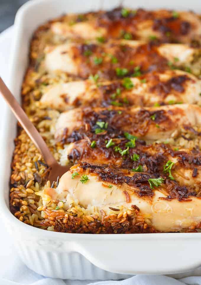 No Peek Chicken - Slow-roasted chicken is the way to go! This one-pan chicken and rice dinner is easy to throw together with no work whatsoever.