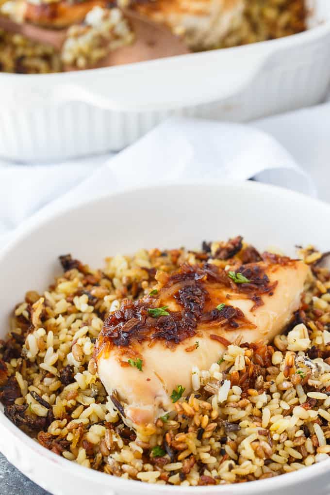 No Peek Chicken - Slow-roasted chicken is the way to go! This one-pan chicken and rice dinner is easy to throw together with no work whatsoever.