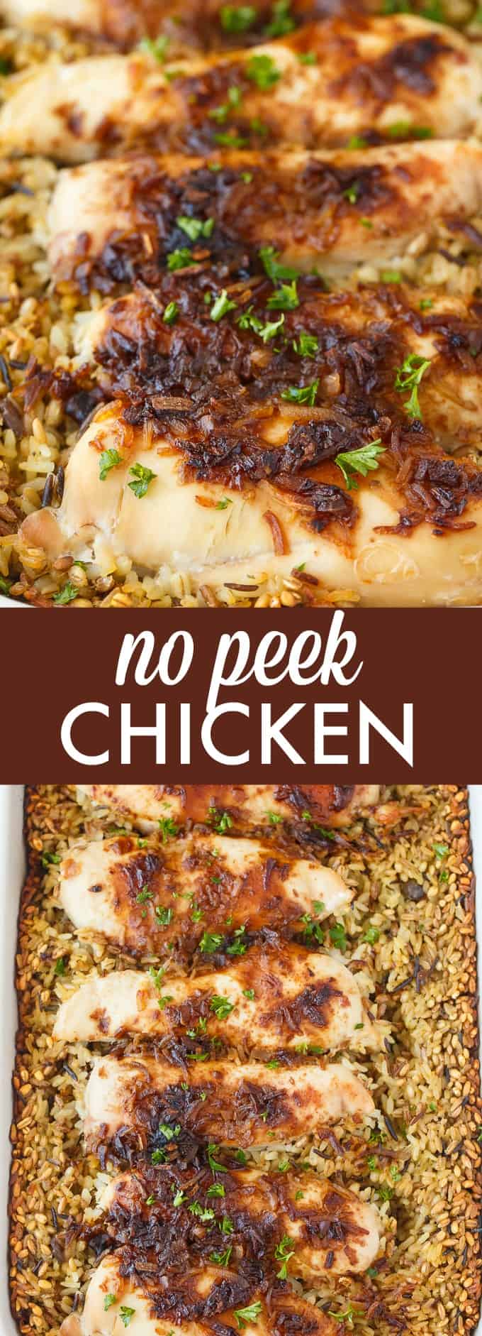 No Peek Chicken - Slow-roasted chicken is the way to go! This one-pan chicken and rice dinner is easy to throw together with no work whatsoever.