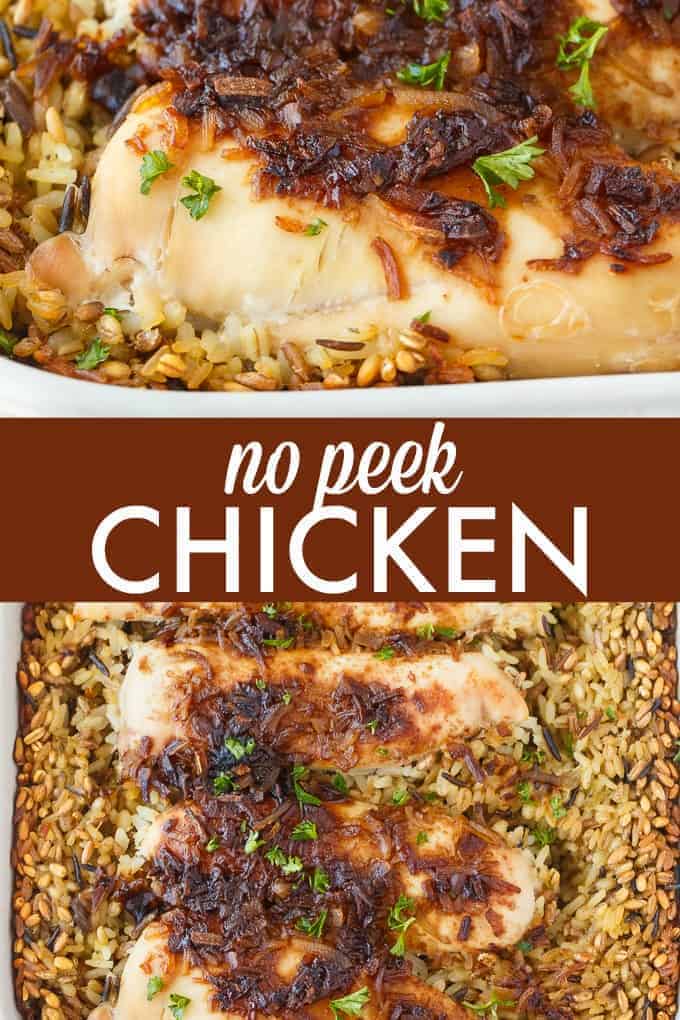 No Peek Chicken - Slow-roasted chicken is the way to go! This one-pan chicken and rice dinner is easy to throw together with no work whatsoever.