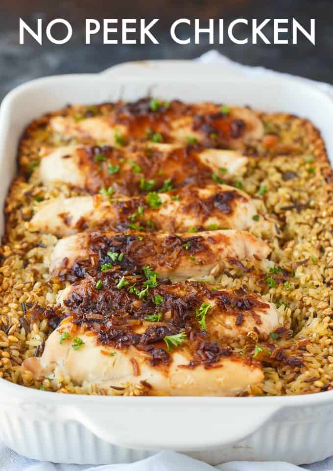 No Peek Chicken - Slow-roasted chicken is the way to go! This one-pan chicken and rice dinner is easy to throw together with no work whatsoever.
