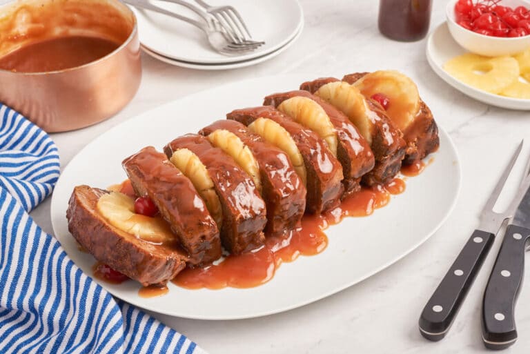 Caribbean meatloaf on a platter.