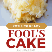 Fool's Cake - A simple, fool-proof cake everyone loves! This yummy dessert has layers of walnuts, yellow cake, coconut and pineapple. Perfect for potlucks!