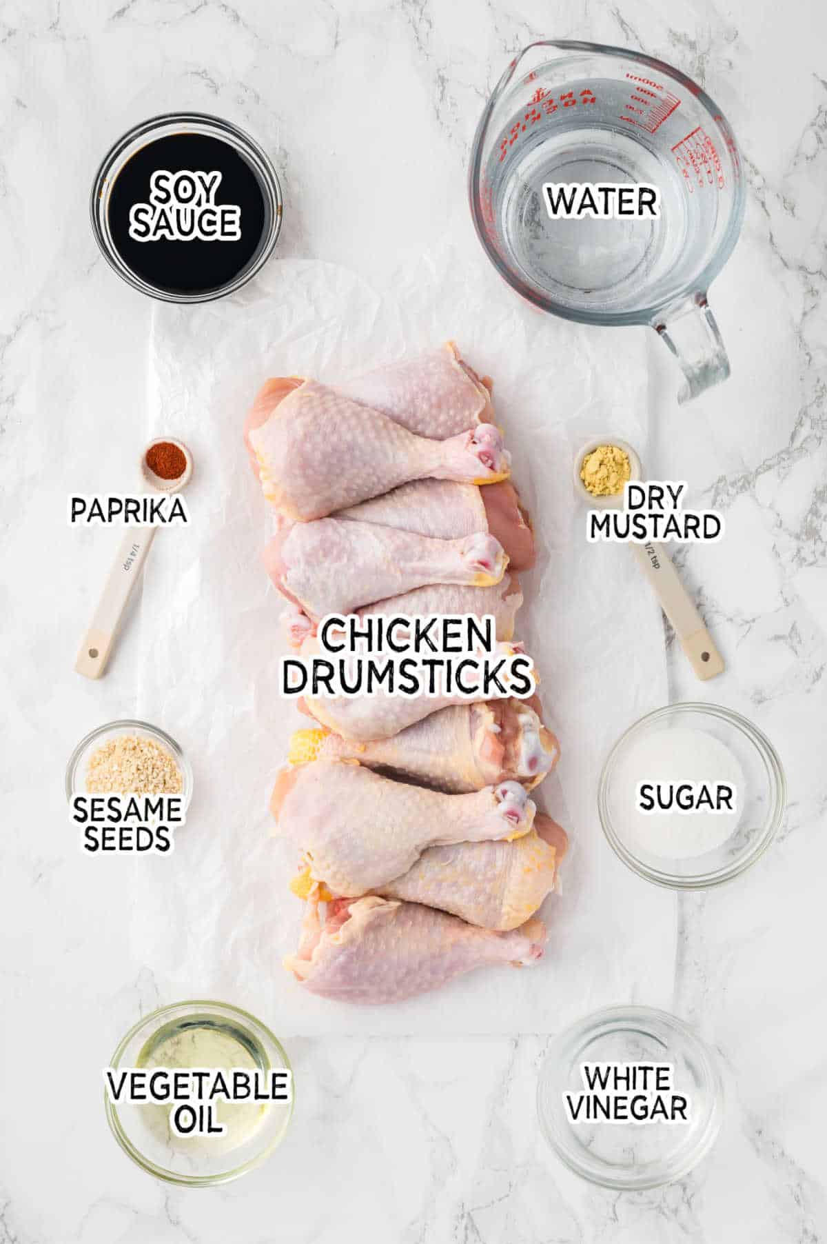 Ingredients on a white marble counter.