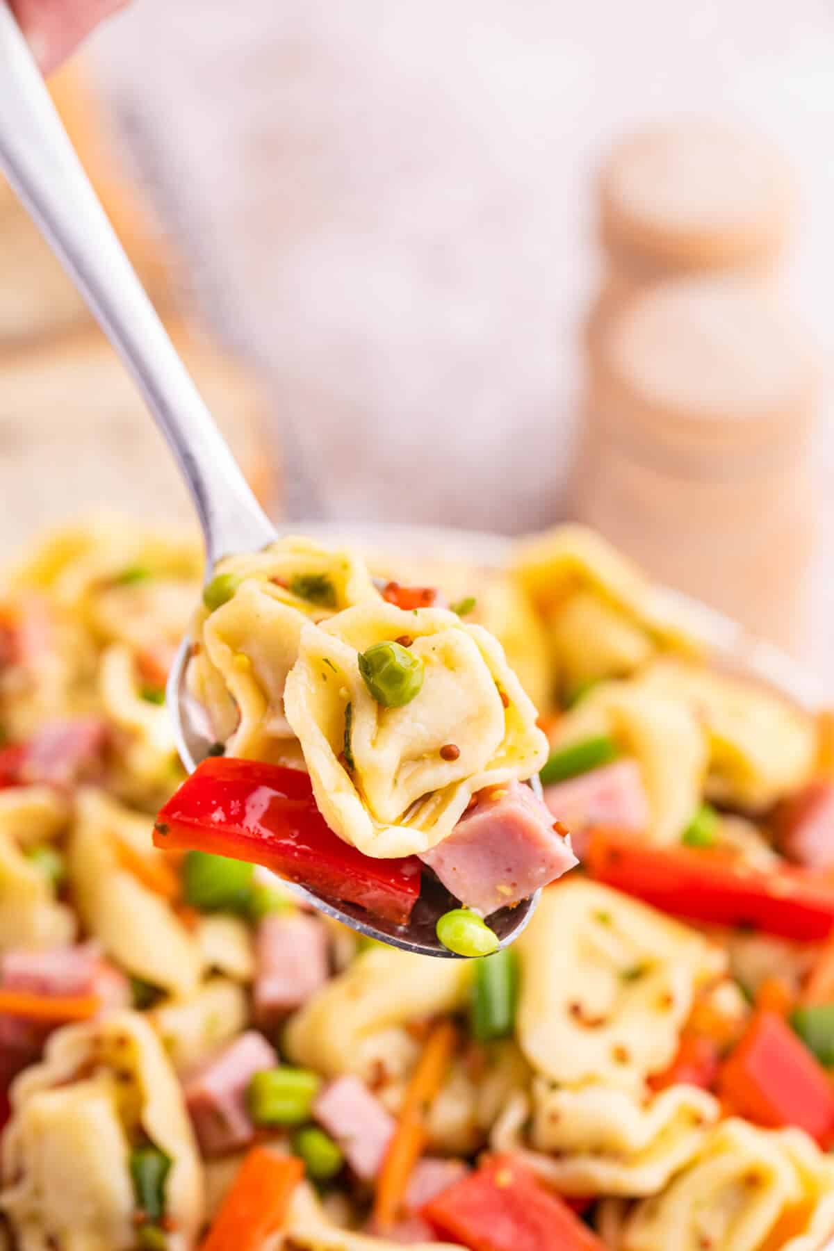 Tortellini salad on a spoon.