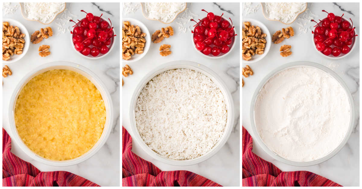 Collage of adding ingredients to the pan in layers.