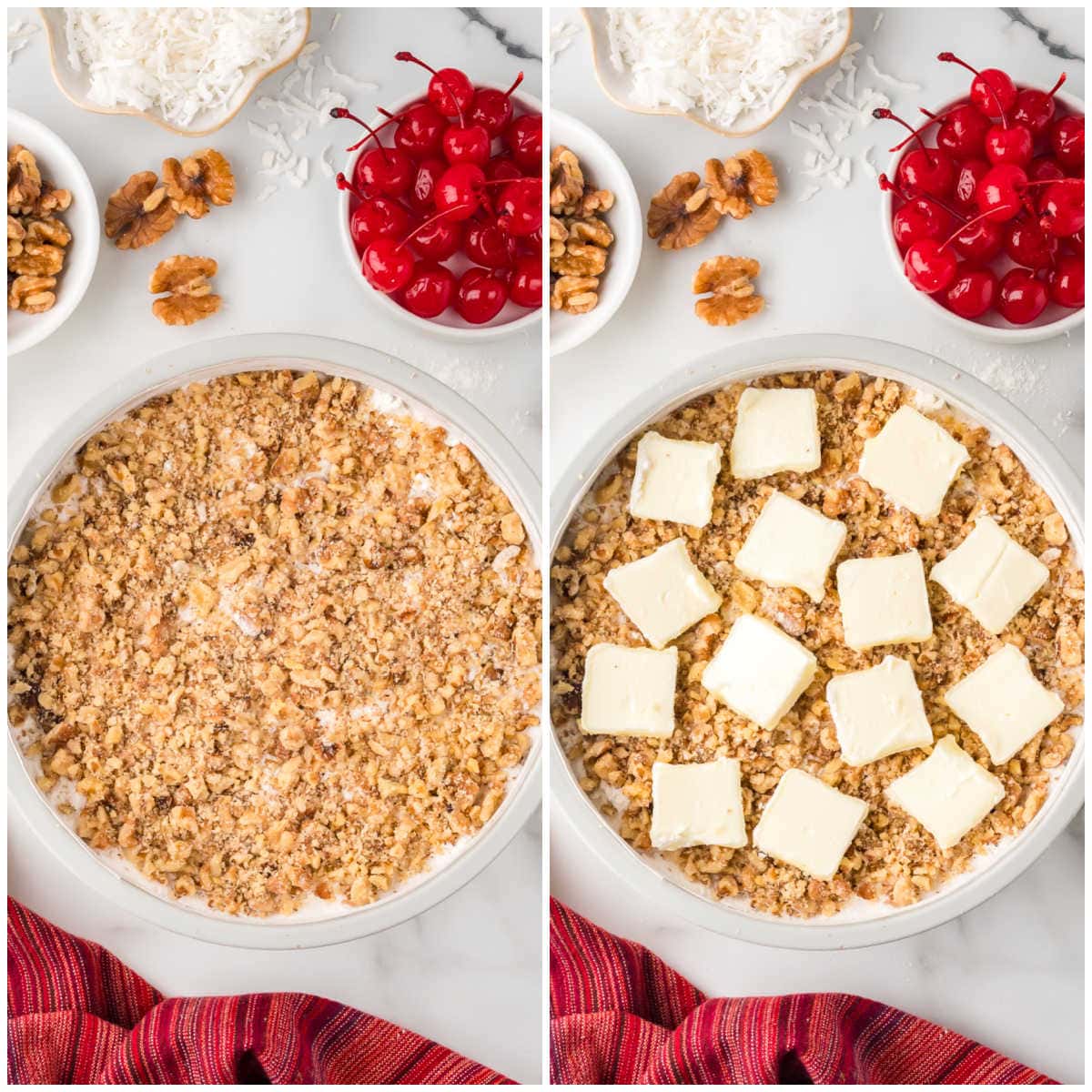 Collage of adding ingredients to the pan in layers.