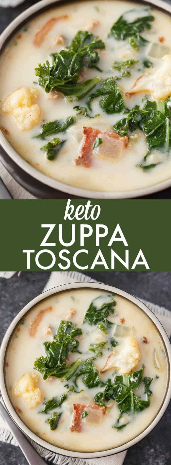 Keto Zuppa Toscana - A keto friendly version of the famous Tuscan soup! It's filled with kale, bacon, sausage, roasted cauliflower immersed in a creamy broth.