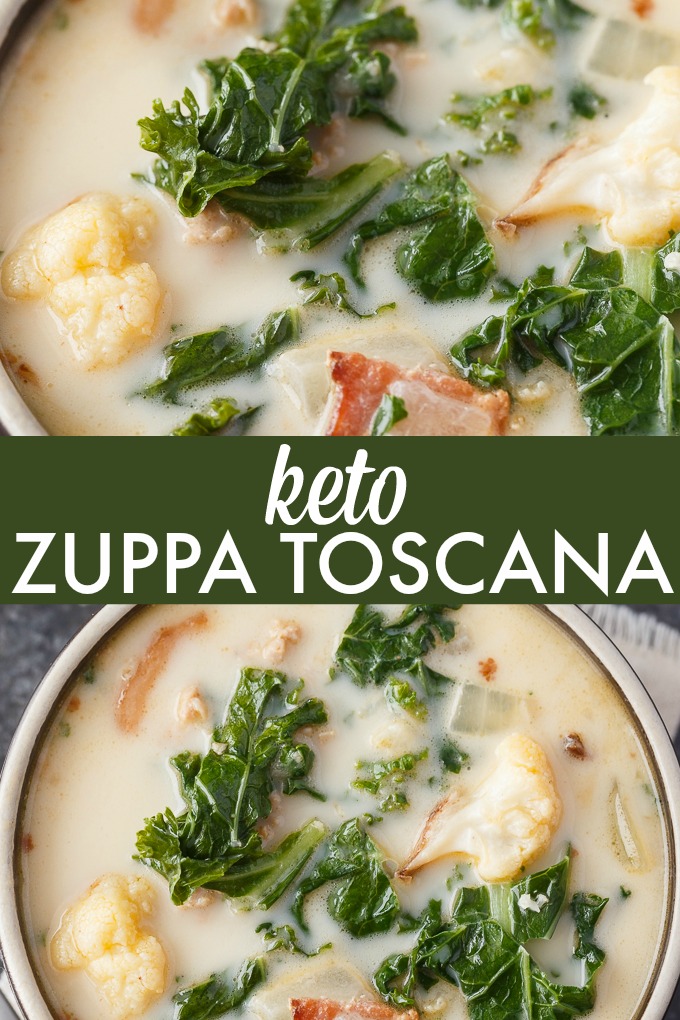 Keto Zuppa Toscana - A keto friendly version of the famous Tuscan soup! It's filled with kale, bacon, sausage, roasted cauliflower immersed in a creamy broth.