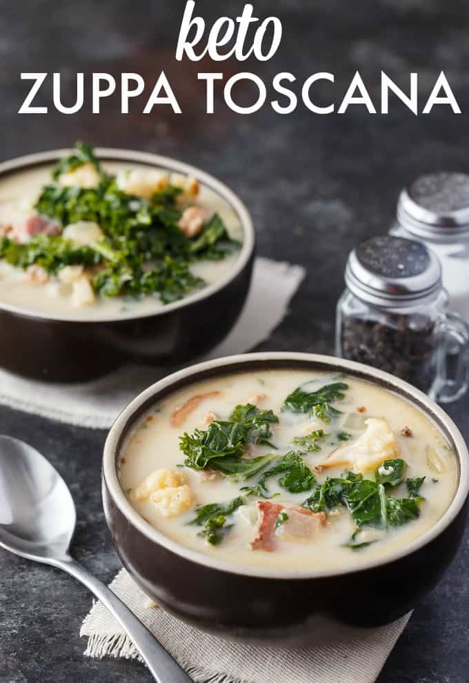 Keto Zuppa Toscana - A keto friendly version of the famous Tuscan soup! It's filled with kale, bacon, sausage, roasted cauliflower immersed in a creamy broth.