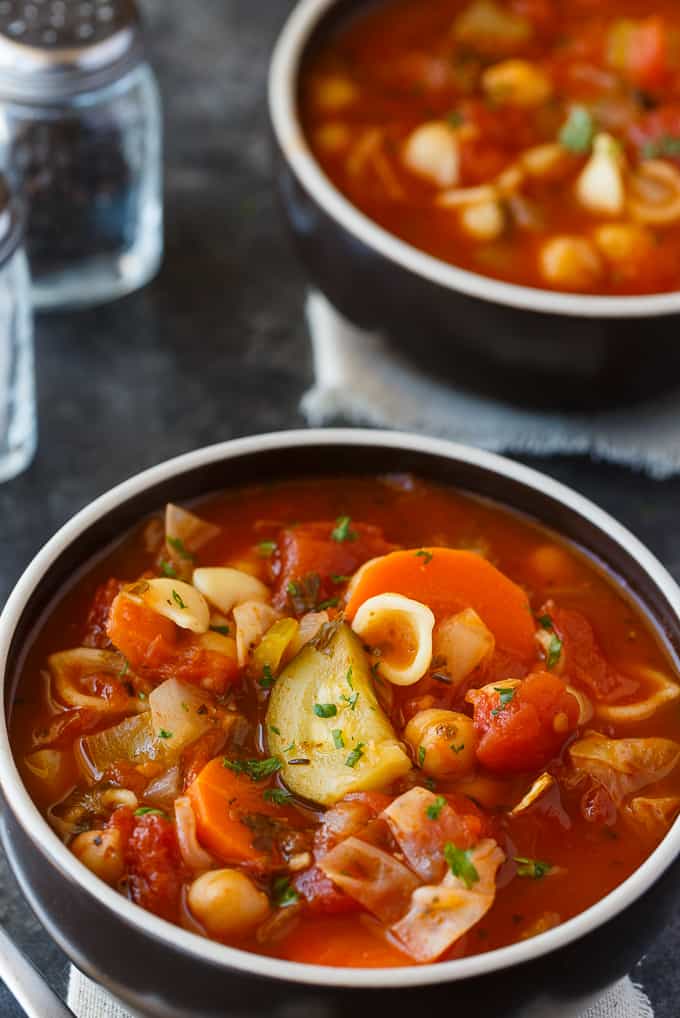 two bowls of minestrone soup 