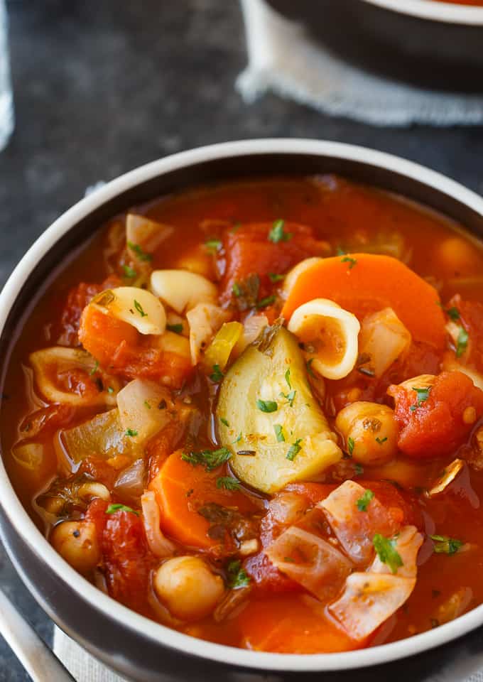 Minestrone Soup - Comfort food in a bowl. This easy family recipe is full of yummy veggies, chickpeas and baby shell pasta. So much flavor!