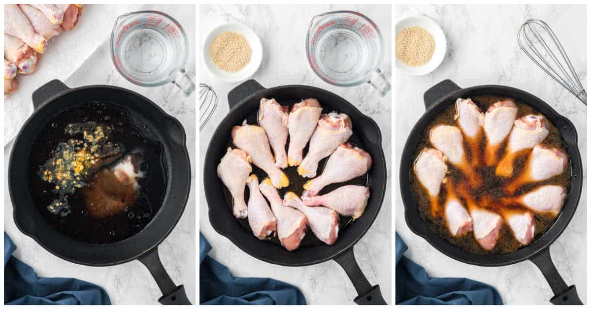 Collage of cooking chicken in a cast iron pan.