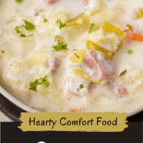 Creamy Cabbage Soup - Hearty and comforting! This delicious and easy soup recipe is loaded with tender cabbage, carrots, celery, ham and spices. Yum!