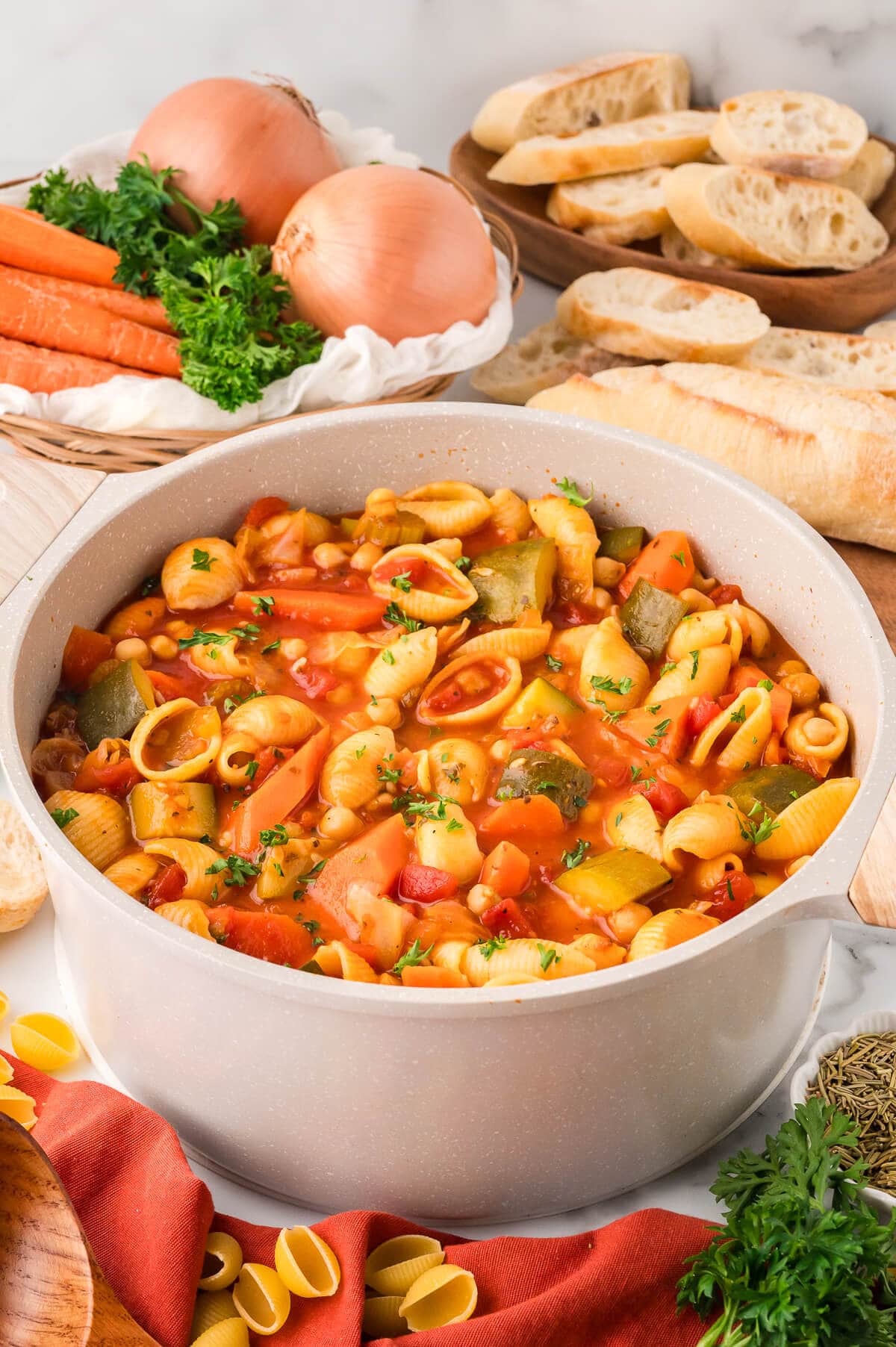 A pot of minestrone soup.