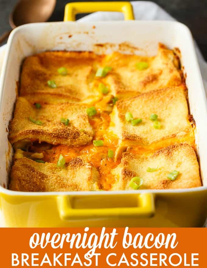 Overnight Bacon Breakfast Casserole - Prep this easy breakfast casserole the night before and bake it in the morning. Made with loads of bacon, mushrooms and cheese!