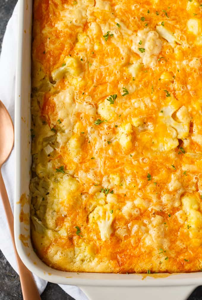 Cauliflower Bake - Cauliflower, cheese and a convenient biscuit mix make a fantastic side dish. Even those that don't love cauliflower will love this one!