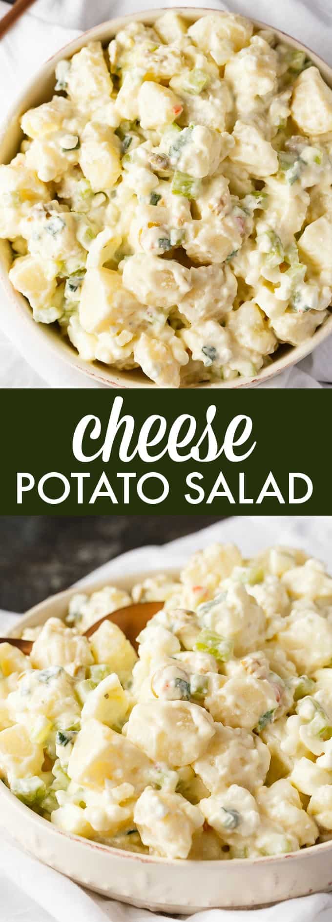Cheese Potato Salad - Who doesn't love cheese?! Add some to this BBQ side dish with hard boiled eggs, green olives, celery, and green onions.