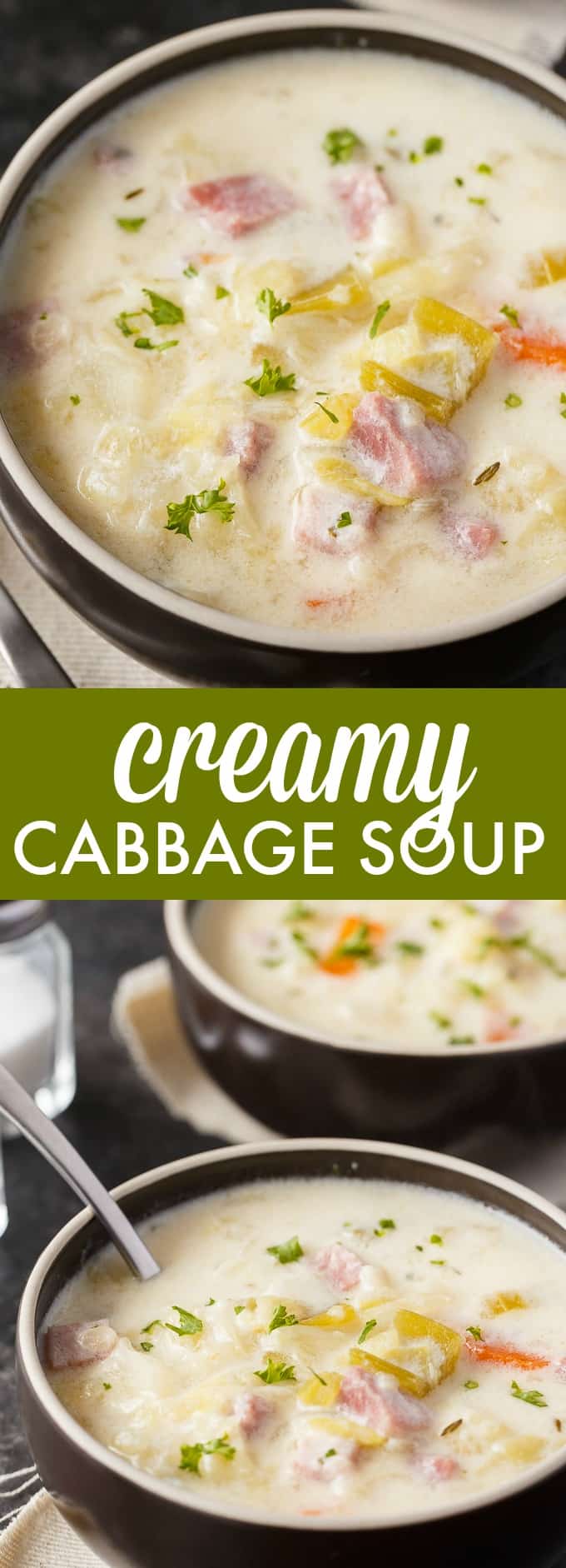 Creamy Cabbage Soup - Hearty and comforting! This delicious and easy soup recipe is loaded with tender cabbage, carrots, celery, ham and spices. Yum!