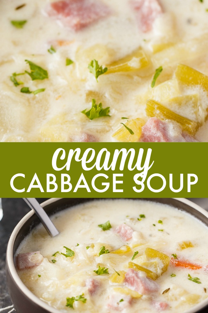 Creamy Cabbage Soup - Hearty and comforting! This delicious and easy soup recipe is loaded with tender cabbage, carrots, celery, ham and spices. Yum!