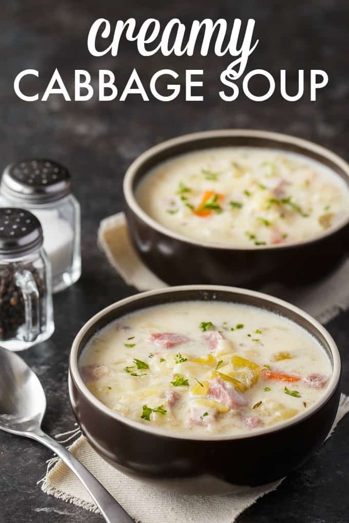 Creamy Cabbage Soup - Hearty and comforting! This delicious and easy soup recipe is loaded with tender cabbage, carrots, celery, ham and spices. Yum!