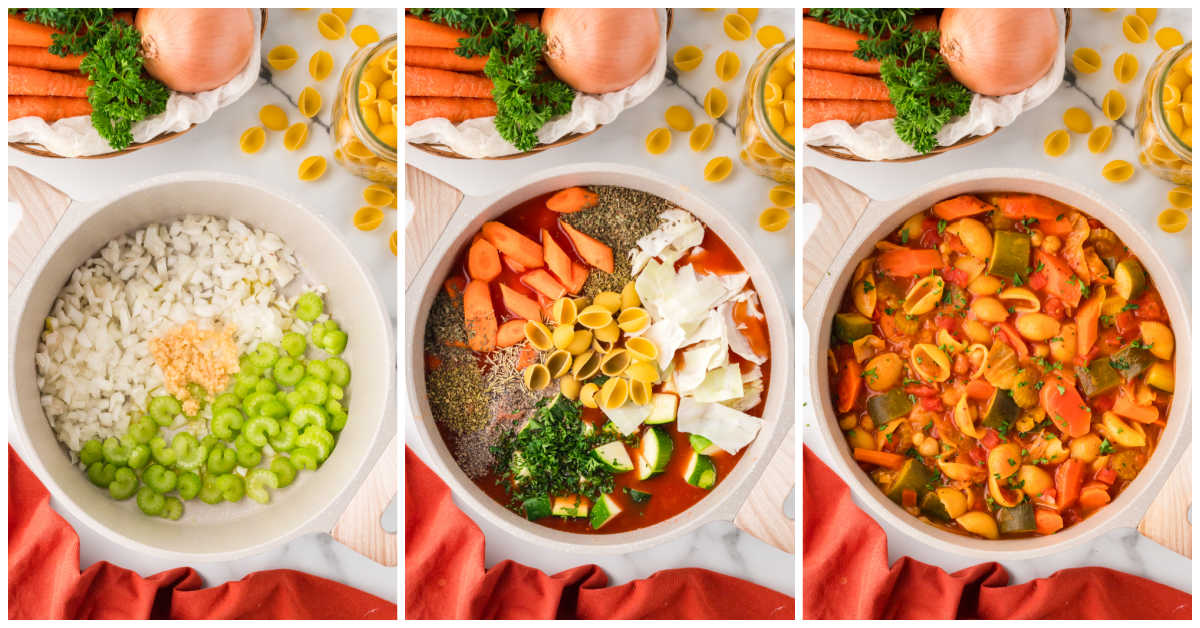 Collage of making the soup in a pot.