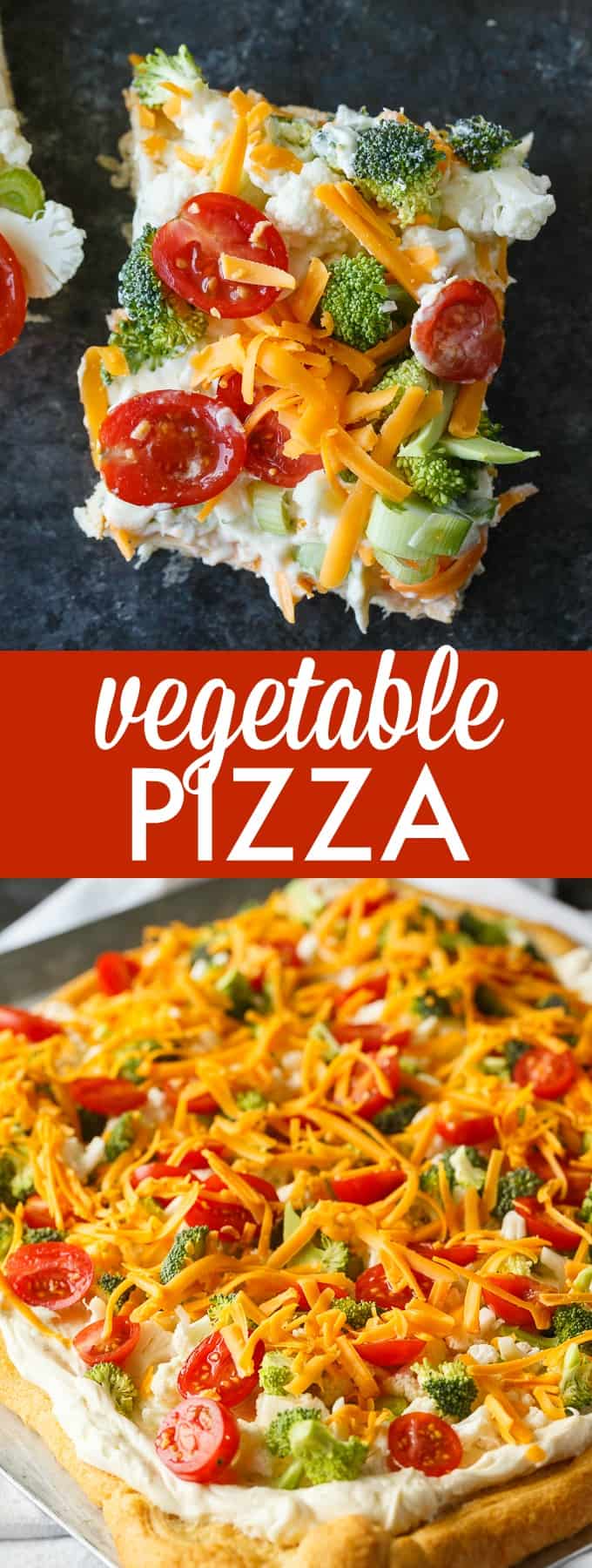 Vegetable Pizza - This easy appetizer is perfect for parties and potlucks. It's made with crescent roll dough, ranch dressing mix and loads of fresh, crispy veggies. Yum!