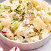 A bowl of cheese potato salad.