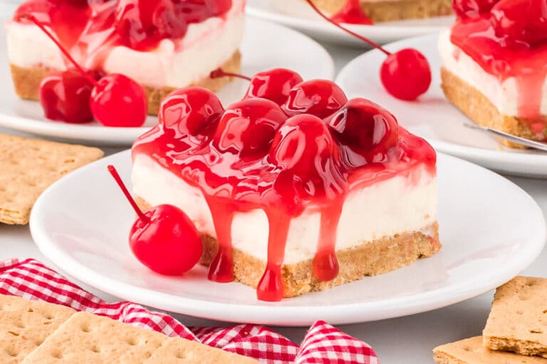 A slice of cheesecake on a plate.