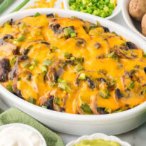 The recipe in a white casserole dish.