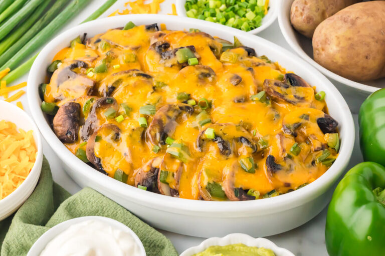 The recipe in a white casserole dish.