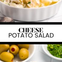 Cheese potato salad pin collage.