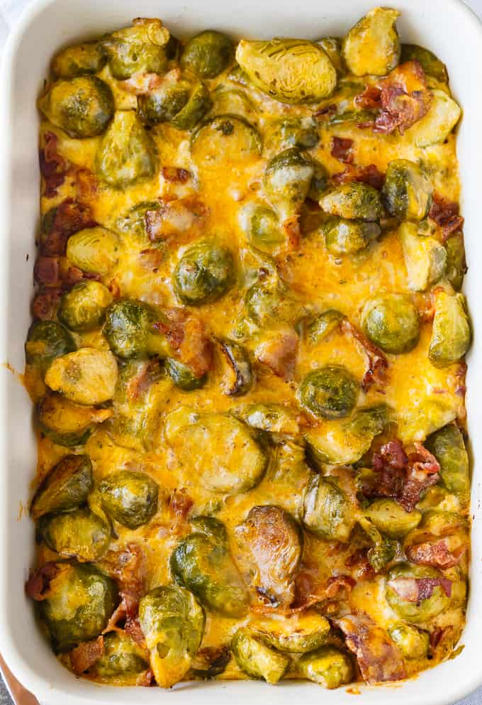 Keto Brussels Sprouts Casserole - Cheesy comfort food you can enjoy guilt-free! This delicious Keto casserole is made with tender Brussels Sprouts, bacon and loads of cheese.