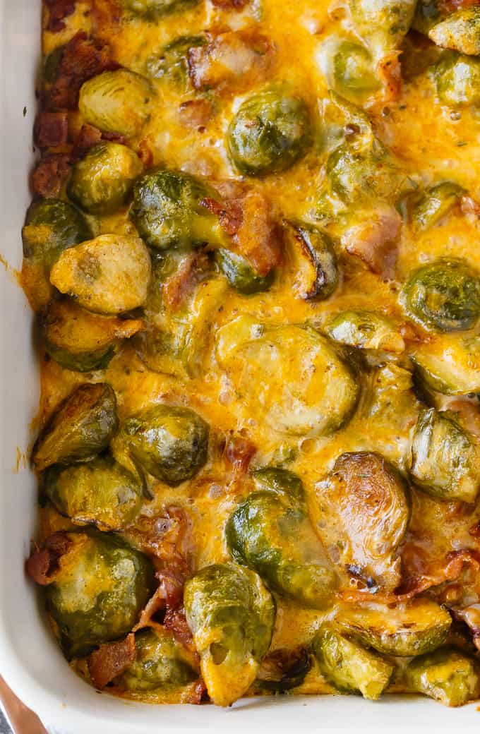 Keto Brussels Sprouts Casserole - Cheesy comfort food you can enjoy guilt-free! This delicious Keto casserole is made with tender Brussels Sprouts, bacon and loads of cheese.