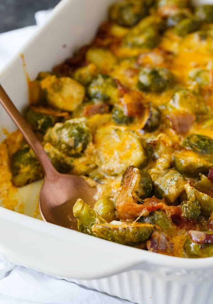 Keto Brussels Sprouts Casserole - Cheesy comfort food you can enjoy guilt-free! This delicious Keto casserole is made with tender Brussels Sprouts, bacon and loads of cheese.