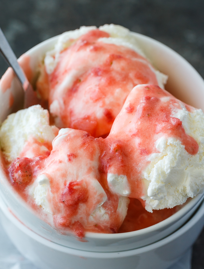 Strawberry Sauce - A sinfully scrumptious summer ice cream sauce made with fresh strawberries! Only 3 ingredients and ready in 5 minutes!
